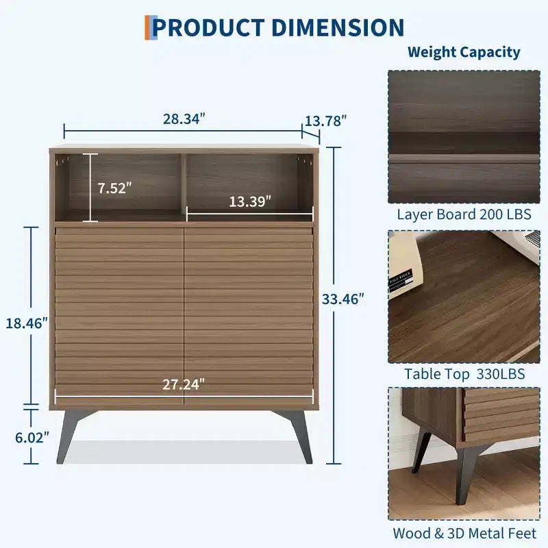 Meuble de rangement cannelé avec pieds en métal, buffet de style moderne du milieu du siècle, desserte avec rangement pour salon, couloir, entrée