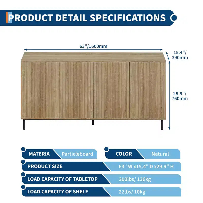 Mobile Credenza Buffet Moderno Scanalato da 160 cm con 4 Ante Scanalate, Gambe in Metallo e Ripiani Regolabili, Credenza da Cucina Tavolo Console d'Accento