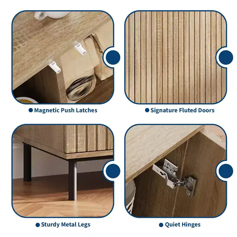 Mobile Credenza Buffet Moderno Scanalato da 160 cm con 4 Ante Scanalate, Gambe in Metallo e Ripiani Regolabili, Credenza da Cucina Tavolo Console d'Accento