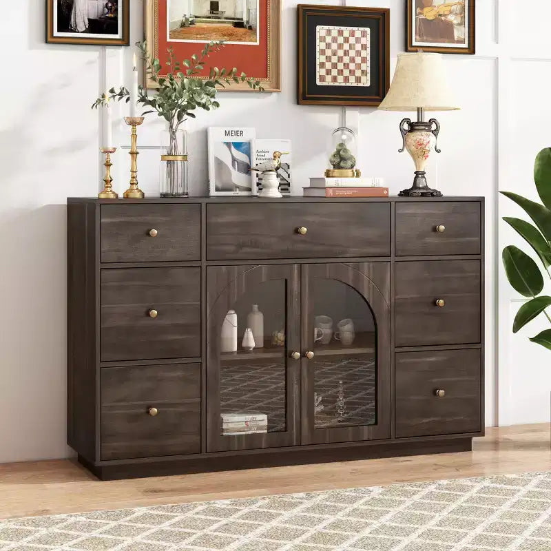 Christopher Knight Home Mirae Mobile Contenitore Vintage da 55.1" con 7 Cassetti, 2 Ante in Vetro e Ripiani Regolabili
