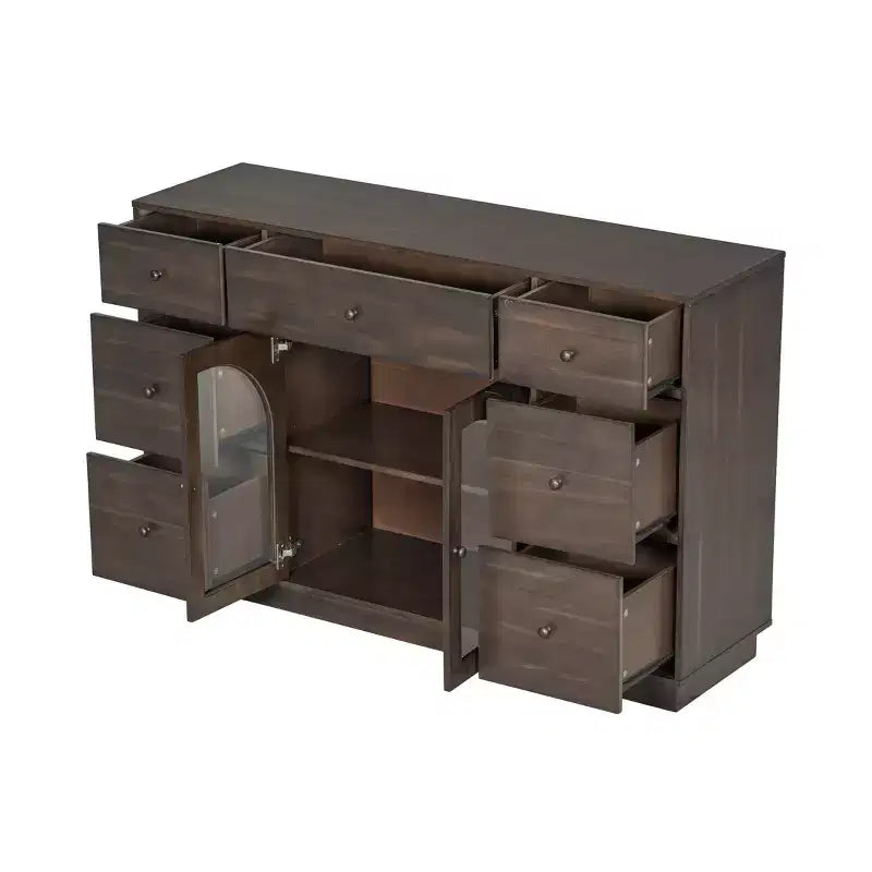Christopher Knight Home Mirae Mobile Contenitore Vintage da 55.1" con 7 Cassetti, 2 Ante in Vetro e Ripiani Regolabili