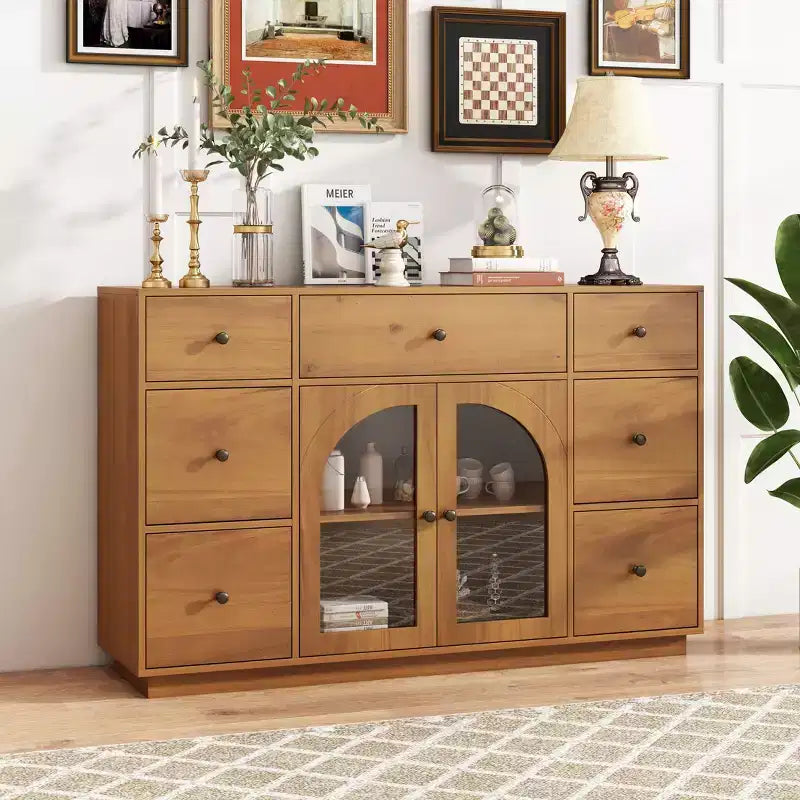 Christopher Knight Home Mirae Mobile Contenitore Vintage da 55.1" con 7 Cassetti, 2 Ante in Vetro e Ripiani Regolabili