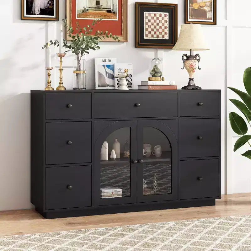 Christopher Knight Home Mirae Mobile Contenitore Vintage da 55.1" con 7 Cassetti, 2 Ante in Vetro e Ripiani Regolabili