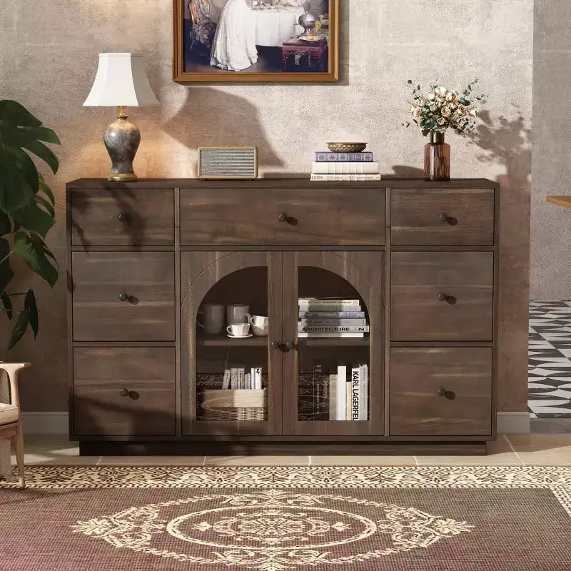 Christopher Knight Home Mirae Armoire de Rangement Vintage 140 cm avec 7 Tiroirs, 2 Portes Vitrées et Étagères Réglables
