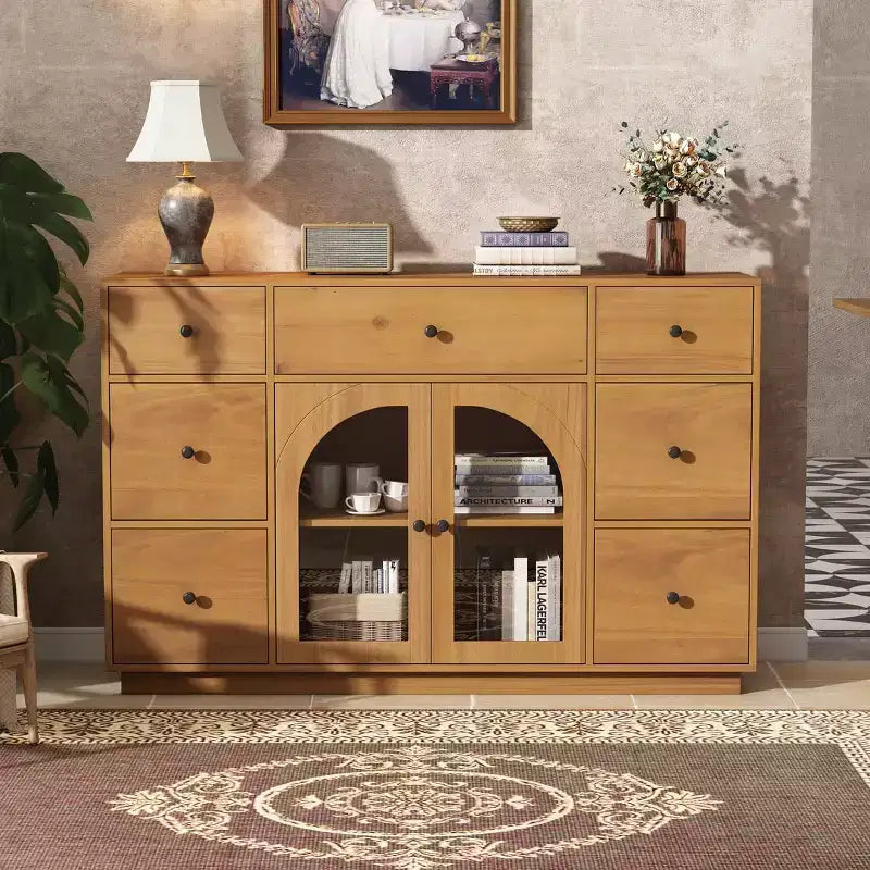 Christopher Knight Home Mirae Armoire de Rangement Vintage 140 cm avec 7 Tiroirs, 2 Portes Vitrées et Étagères Réglables