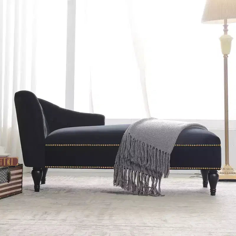 Méridienne en velours de 58 po, chaise longue à accoudoir droit capitonnée avec clous décoratifs et pieds en bois massif pour le salon ou le bureau