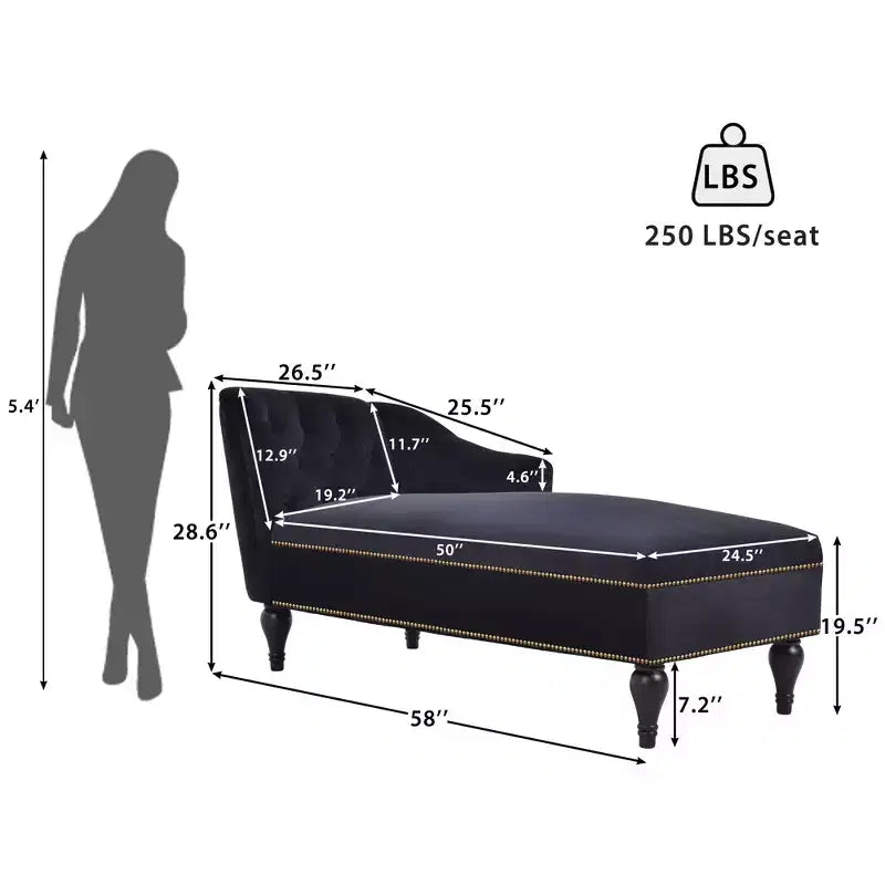 Méridienne en velours de 58 po, chaise longue à accoudoir droit capitonnée avec clous décoratifs et pieds en bois massif pour le salon ou le bureau