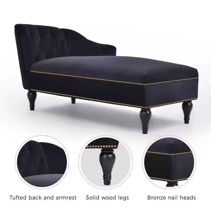 Méridienne en velours de 58 po, chaise longue à accoudoir droit capitonnée avec clous décoratifs et pieds en bois massif pour le salon ou le bureau