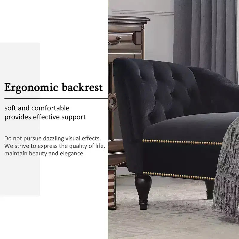 Méridienne en velours de 58 po, chaise longue à accoudoir droit capitonnée avec clous décoratifs et pieds en bois massif pour le salon ou le bureau