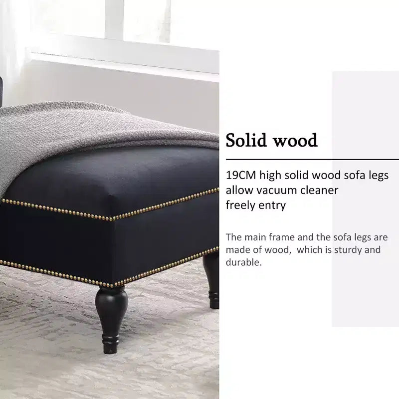 Méridienne en velours de 58 po, chaise longue à accoudoir droit capitonnée avec clous décoratifs et pieds en bois massif pour le salon ou le bureau