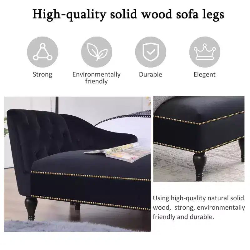 Méridienne en velours de 58 po, chaise longue à accoudoir droit capitonnée avec clous décoratifs et pieds en bois massif pour le salon ou le bureau
