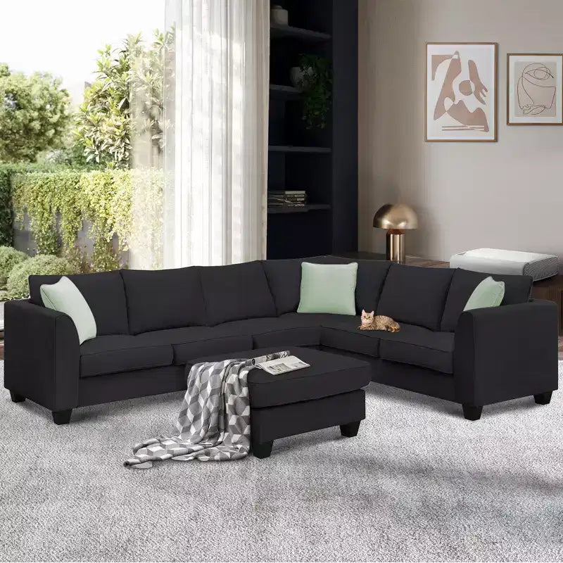 Moderno Divano Sezionale Modulare a L a 7 Posti con Pouf e 3 Cuscini, 112''x87''