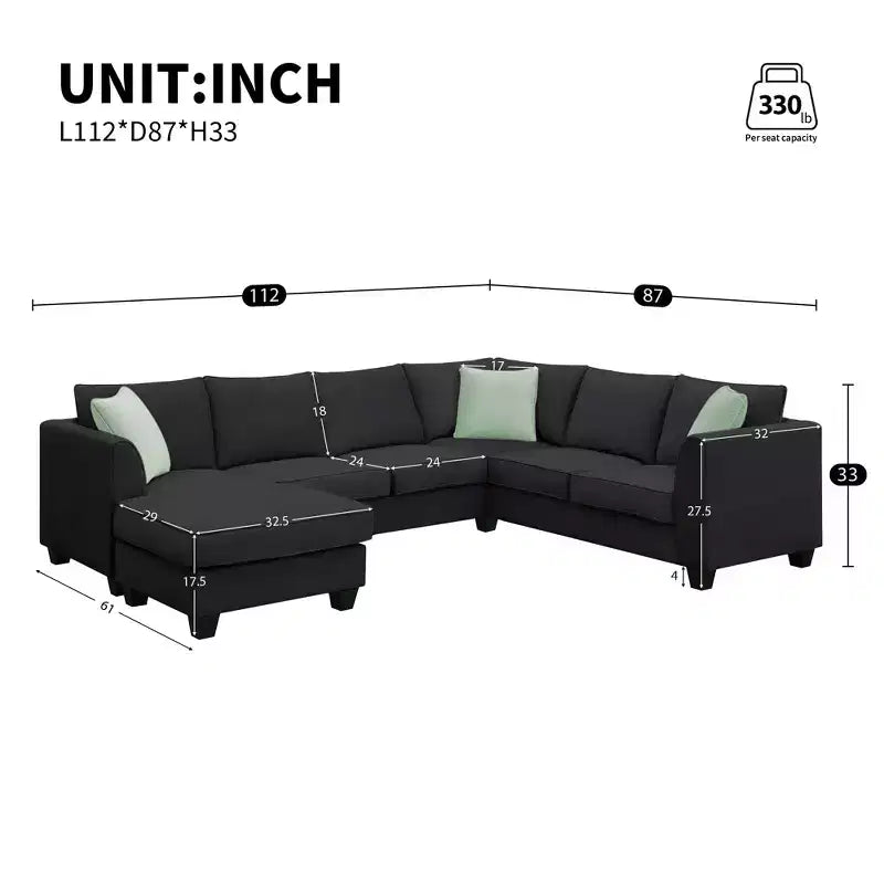 Moderno Divano Sezionale Modulare a L a 7 Posti con Pouf e 3 Cuscini, 112''x87''
