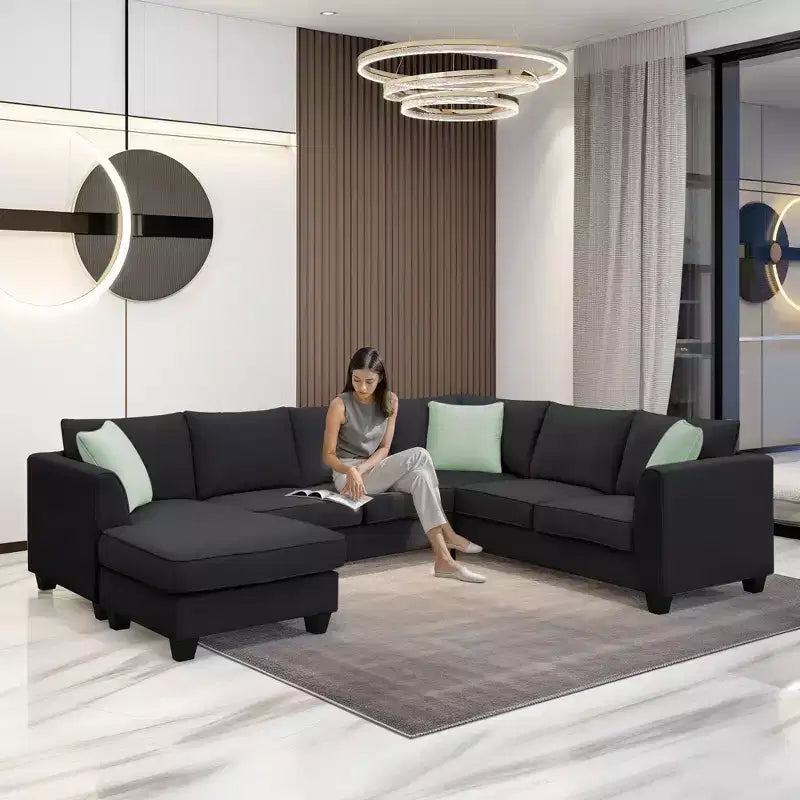 Moderno Divano Sezionale Modulare a L a 7 Posti con Pouf e 3 Cuscini, 112''x87''