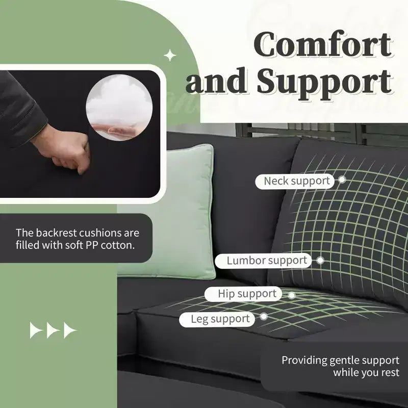 Moderno Divano Sezionale Modulare a L a 7 Posti con Pouf e 3 Cuscini, 112''x87''