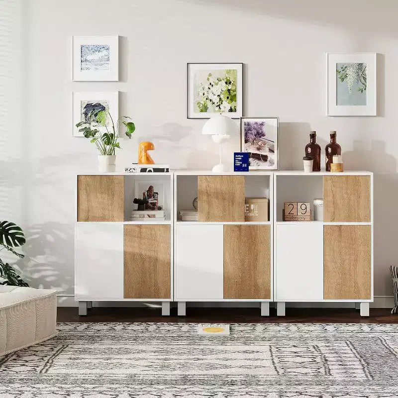 Acekool Armadietto moderno in legno con ante scorrevoli, ripiani regolabili, credenza da pavimento per bagno, soggiorno e piccoli spazi