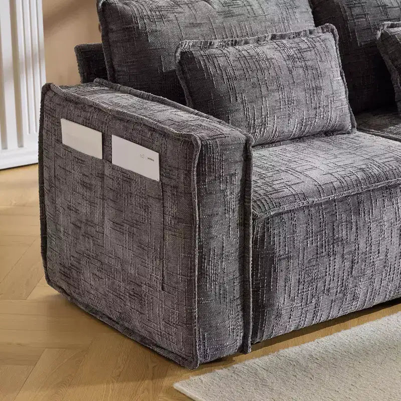Divano a 3 posti a L senza struttura in ciniglia grigia con braccioli quadrati Karl Home | 279 cm L con pouf