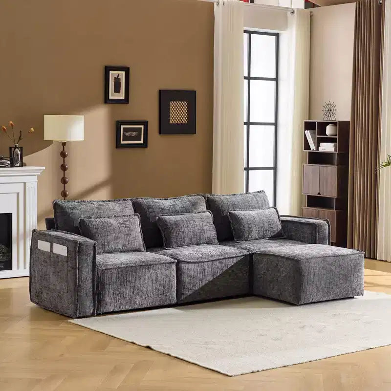 Karl Home | Canapé d'angle en chenille 3 places sans accoudoirs, 279 cm de large, gris avec ottoman