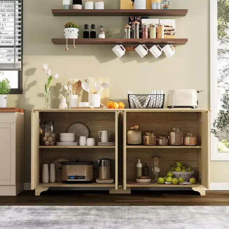 Credenza con scanalature, mobile buffet con ante decorate (4), mobile bar in legno con piedini in legno massello per cucina, sala da pranzo, corridoio