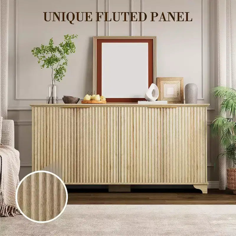 Credenza con scanalature, mobile buffet con ante decorate (4), mobile bar in legno con piedini in legno massello per cucina, sala da pranzo, corridoio