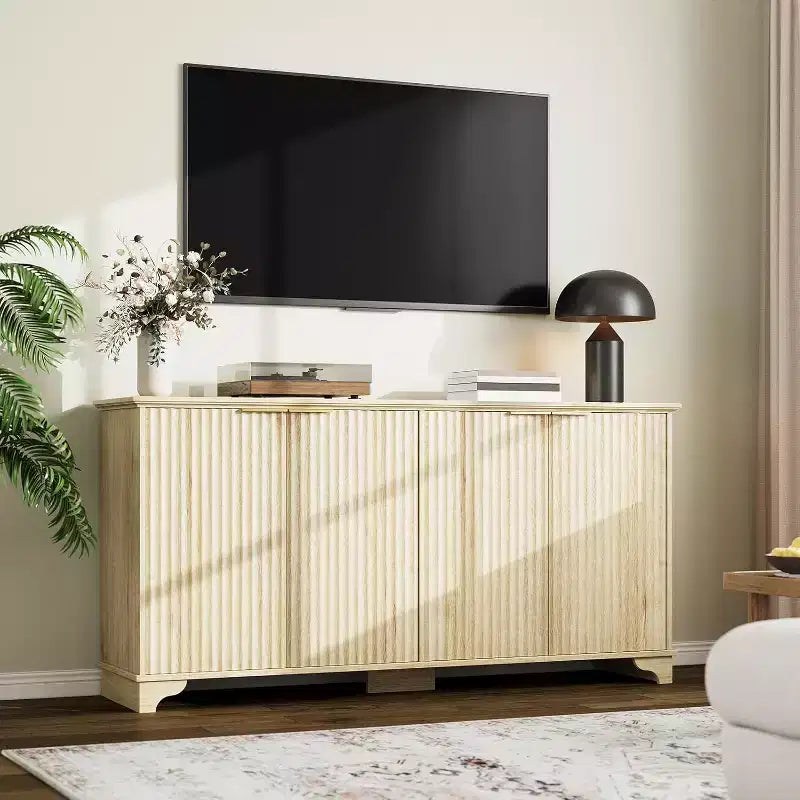 Credenza con scanalature, mobile buffet con ante decorate (4), mobile bar in legno con piedini in legno massello per cucina, sala da pranzo, corridoio