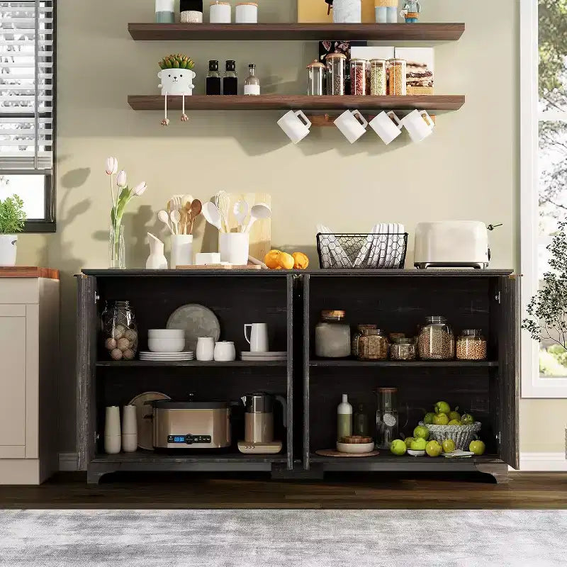 Credenza con scanalature, mobile buffet con ante decorate (4), mobile bar in legno con piedini in legno massello per cucina, sala da pranzo, corridoio