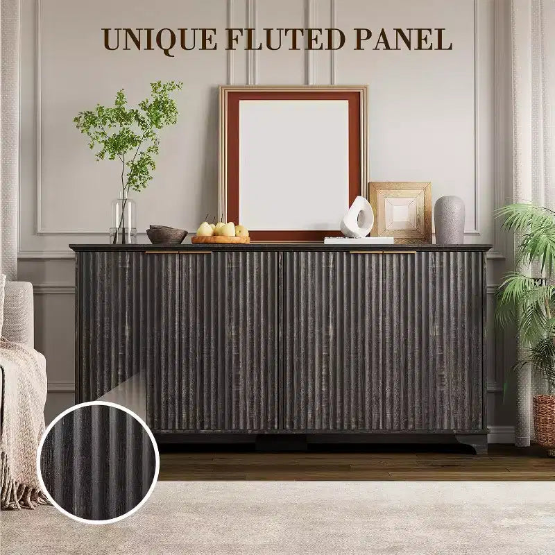 Credenza con scanalature, mobile buffet con ante decorate (4), mobile bar in legno con piedini in legno massello per cucina, sala da pranzo, corridoio