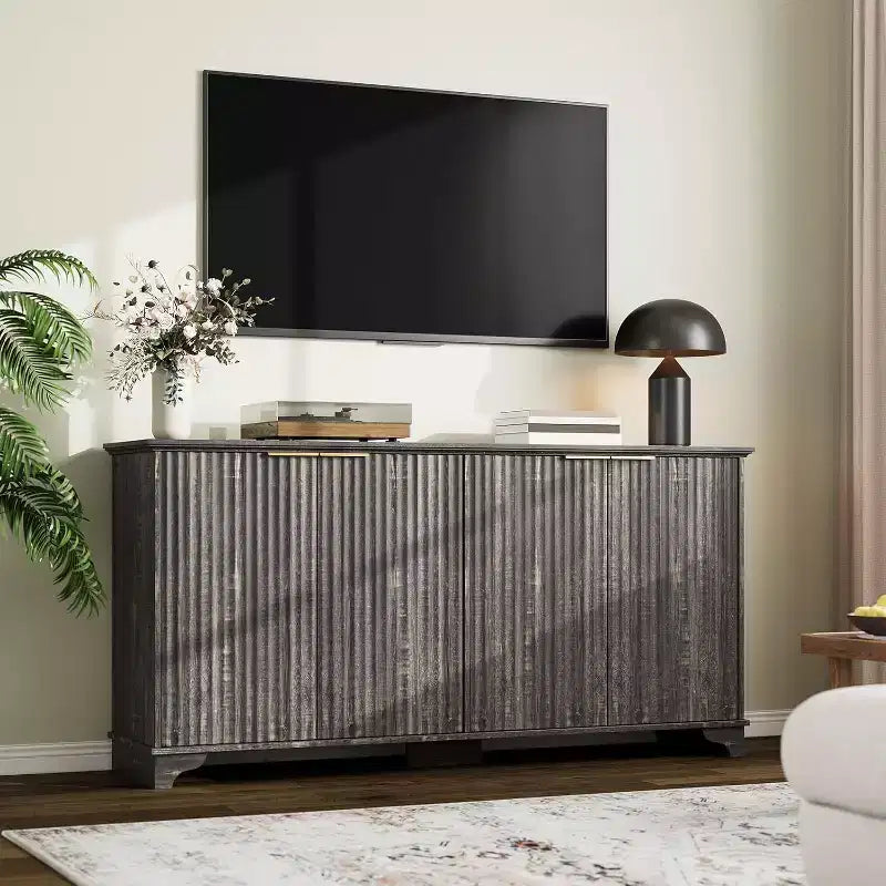 Credenza con scanalature, mobile buffet con ante decorate (4), mobile bar in legno con piedini in legno massello per cucina, sala da pranzo, corridoio