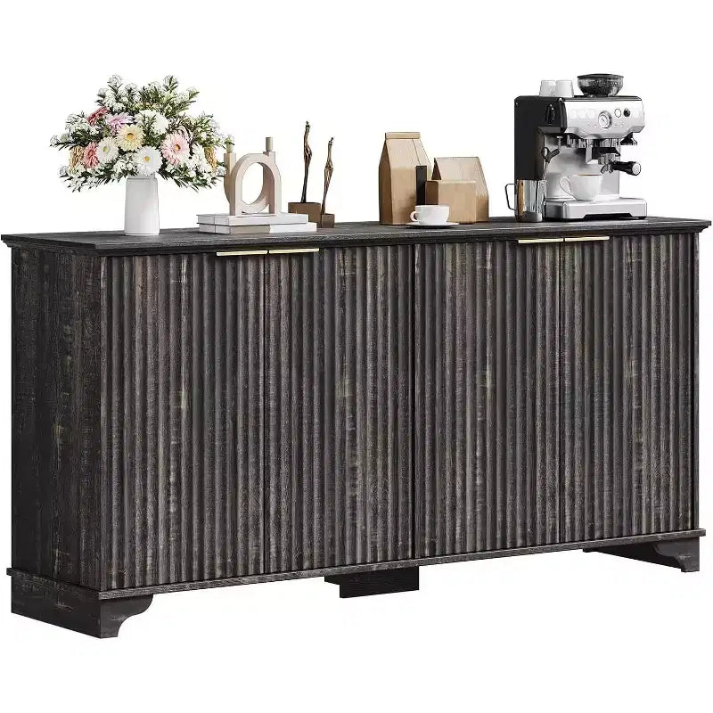 Fluted Sideboard Buffet Cabinet with Storage,4 Decorated Doors,Wood Coffee Bar Cabinet with Solid Wood Feet for Kitchen, Dining Room, Hallway