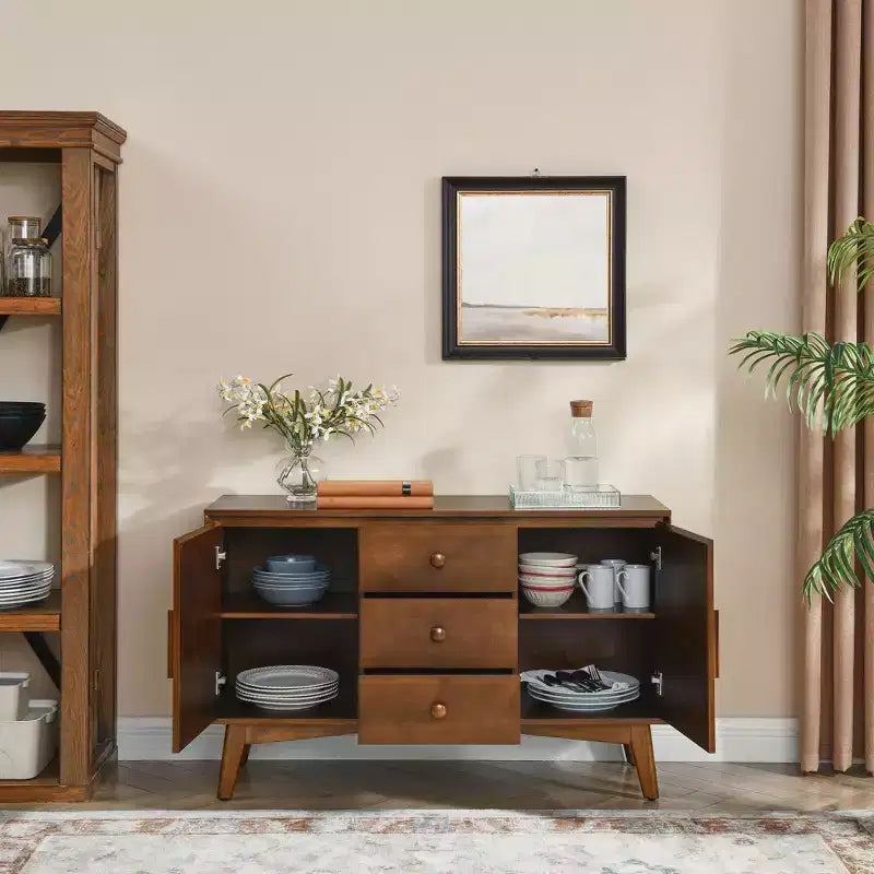 Okak 47in Credenza a Buffet con 2 Ante e 3 Cassetti, Tavolo Consolle Accent, Mobile Contenitore per Cucina, Sala da Pranzo, Soggiorno, Noce