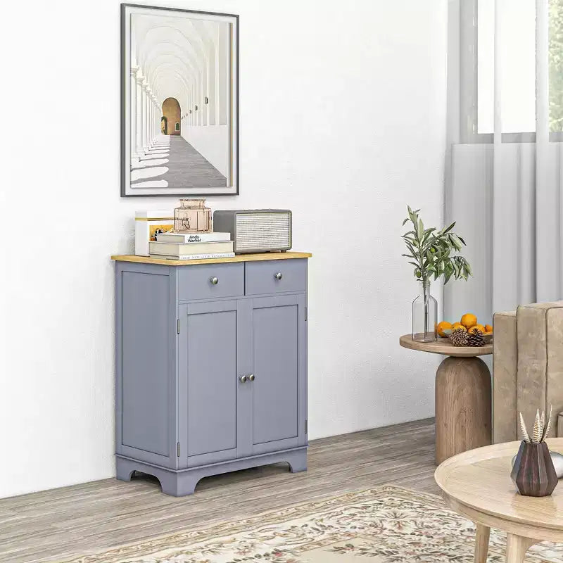 Madia buffet Okak, mobile da cucina a doppia anta, mobile contenitore da caffè con 2 cassetti, ripiano regolabile per soggiorno, grigio