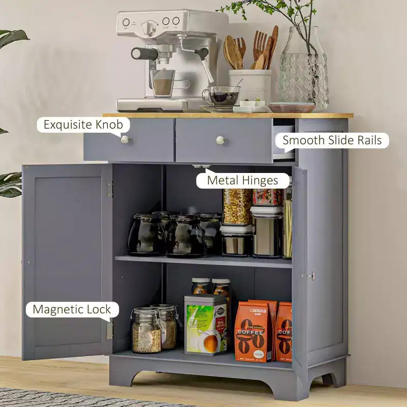 Madia buffet Okak, mobile da cucina a doppia anta, mobile contenitore da caffè con 2 cassetti, ripiano regolabile per soggiorno, grigio