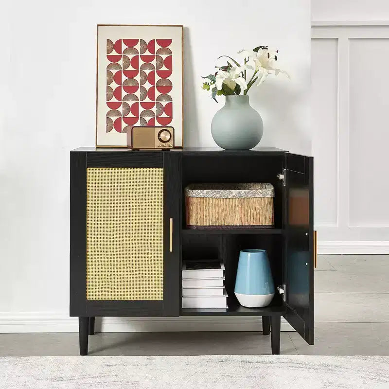 MAYEERTY Credenza a Pannello Laterale con Anta in Rattan Naturale e Ripiani Regolabili per Camera da Letto Soggiorno 1 pz