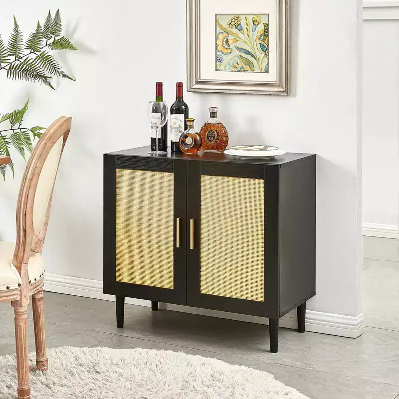 MAYEERTY Credenza a Pannello Laterale con Anta in Rattan Naturale e Ripiani Regolabili per Camera da Letto Soggiorno 1 pz