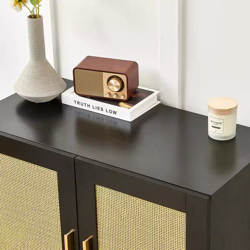 MAYEERTY Credenza a Pannello Laterale con Anta in Rattan Naturale e Ripiani Regolabili per Camera da Letto Soggiorno 1 pz