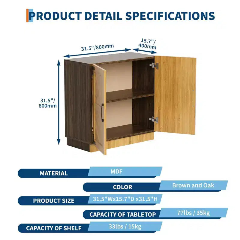 Buffet de salle à manger 80 cm, Bahut de cuisine en bois avec étagères réglables, Meuble console pour café, Armoire de rangement au sol pour salon