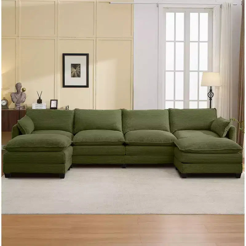 Hyleory Corduroy U-Shaped Sectional Sofa, 4-Seater Couch with 2 Movable Ottomans, Modular Living Room Furniture