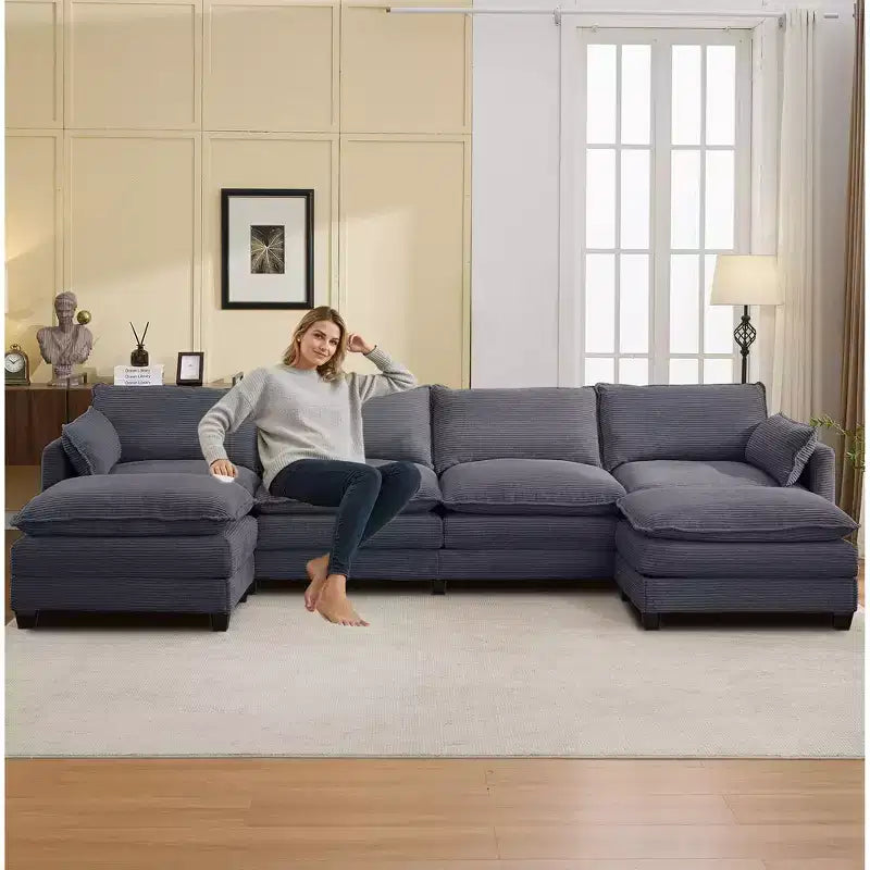 Divano componibile a U in velluto a coste Hyleory, divano a 4 posti con 2 pouf mobili, mobili modulari per soggiorno
