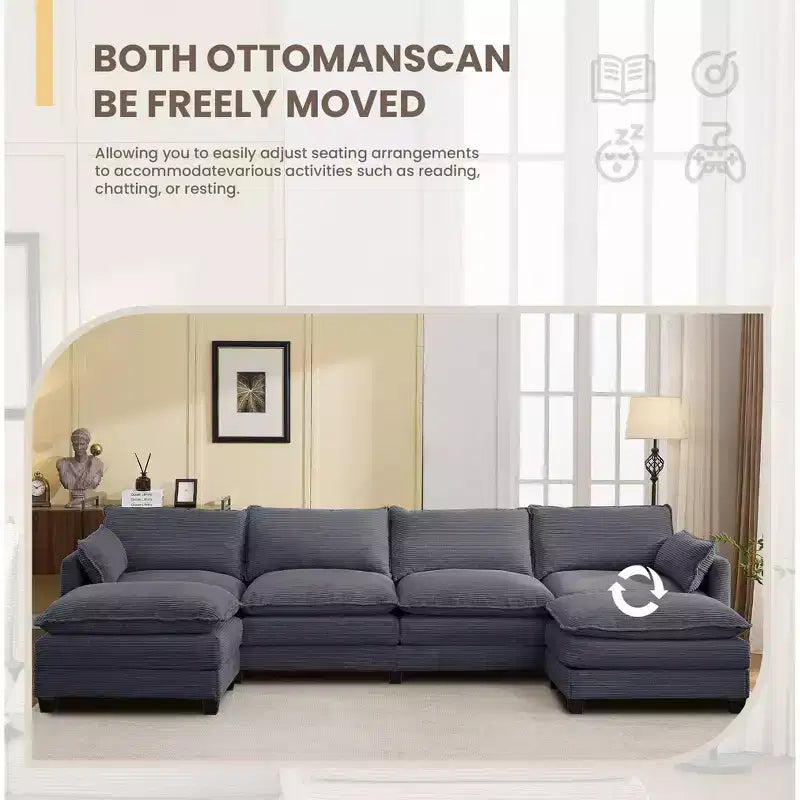 Divano componibile a U in velluto a coste Hyleory, divano a 4 posti con 2 pouf mobili, mobili modulari per soggiorno