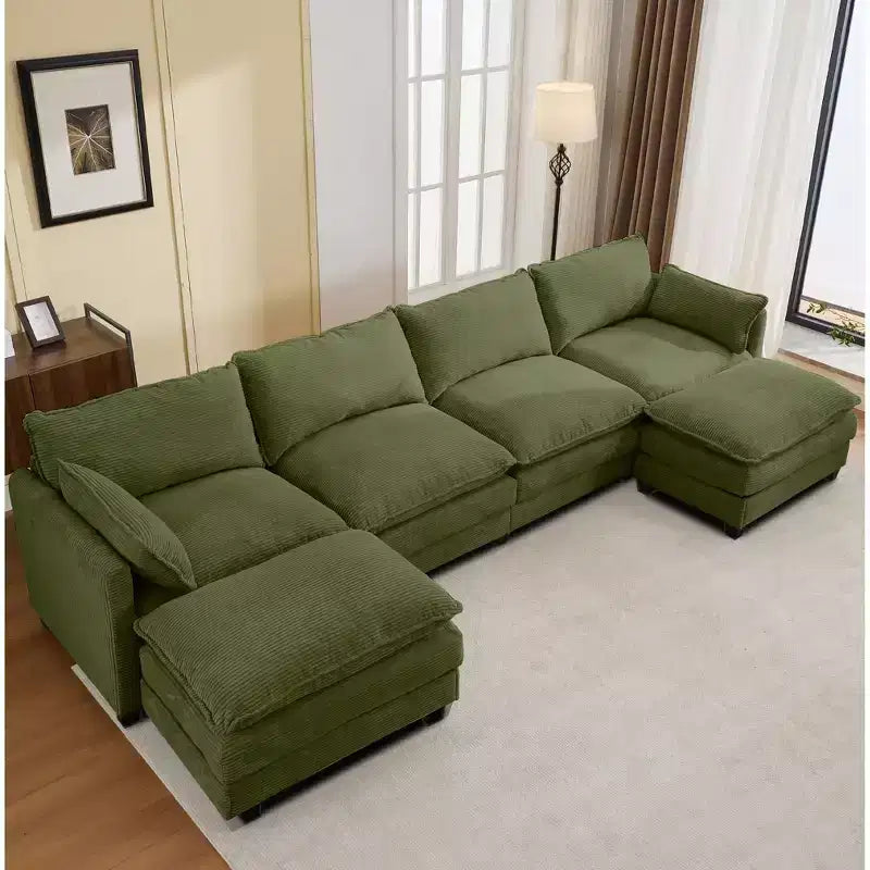 Divano componibile a U in velluto a coste Hyleory, divano a 4 posti con 2 pouf mobili, mobili modulari per soggiorno