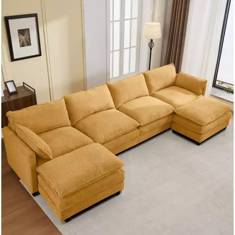 Divano componibile a U in velluto a coste Hyleory, divano a 4 posti con 2 pouf mobili, mobili modulari per soggiorno