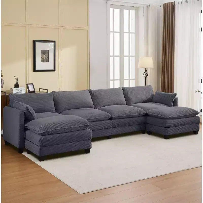 Divano componibile a U in velluto a coste Hyleory, divano a 4 posti con 2 pouf mobili, mobili modulari per soggiorno