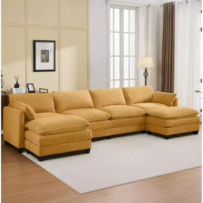 Divano componibile a U in velluto a coste Hyleory, divano a 4 posti con 2 pouf mobili, mobili modulari per soggiorno