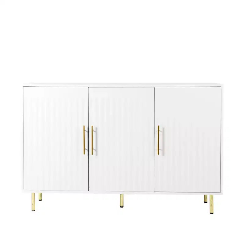 Grand meuble de rangement Okak 140 cm, buffet avec 3 portes et poignées dorées, meuble de service pour cuisine, salle à manger, salon, blanc