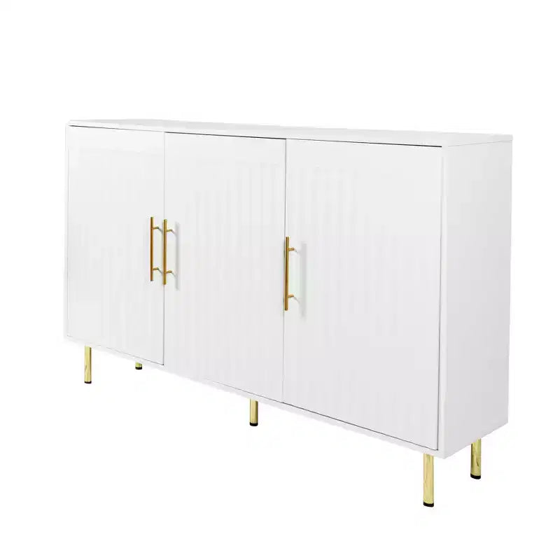 Grand meuble de rangement Okak 140 cm, buffet avec 3 portes et poignées dorées, meuble de service pour cuisine, salle à manger, salon, blanc