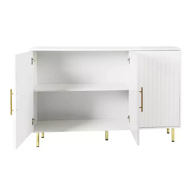 Grand meuble de rangement Okak 140 cm, buffet avec 3 portes et poignées dorées, meuble de service pour cuisine, salle à manger, salon, blanc
