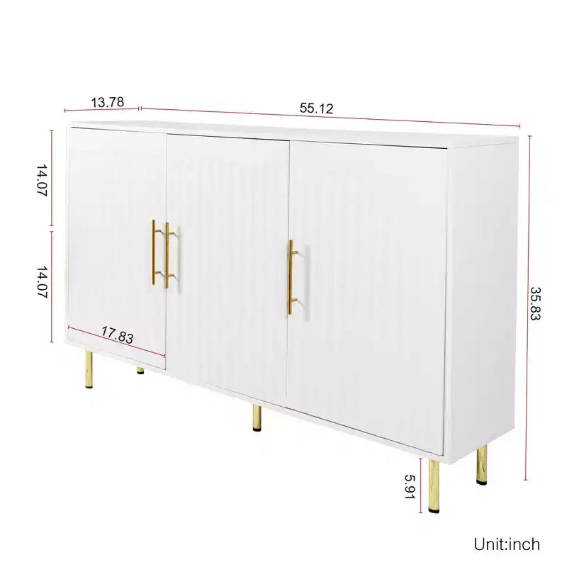 Grand meuble de rangement Okak 140 cm, buffet avec 3 portes et poignées dorées, meuble de service pour cuisine, salle à manger, salon, blanc