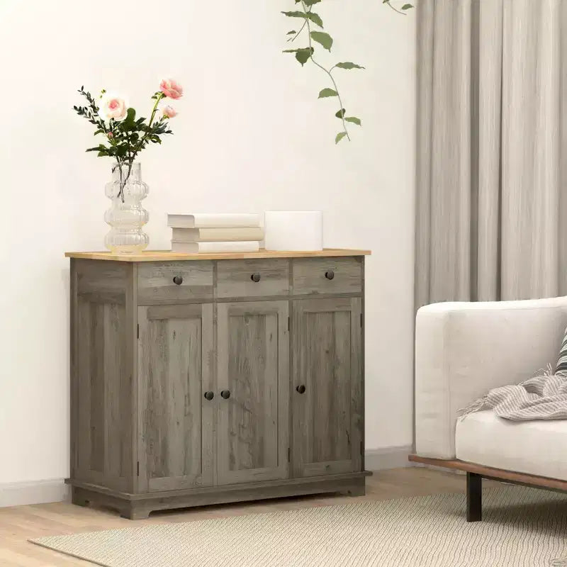 Credenza Okak con piano in legno massello, Mobile contenitore con ripiano regolabile, Mobile bar per ingresso, soggiorno, cucina, Grigio