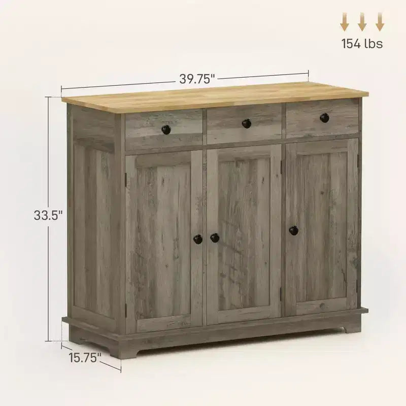 Credenza Okak con piano in legno massello, Mobile contenitore con ripiano regolabile, Mobile bar per ingresso, soggiorno, cucina, Grigio