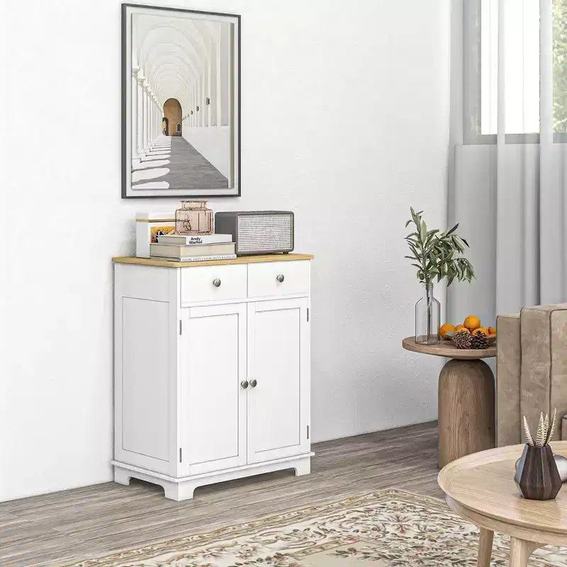 Mobile Contenitore Okak con Piano in Legno, Madia con 2 Ante e 2 Cassetti, Mobile Bar per Soggiorno, Cucina, Sala da Pranzo, Bianco